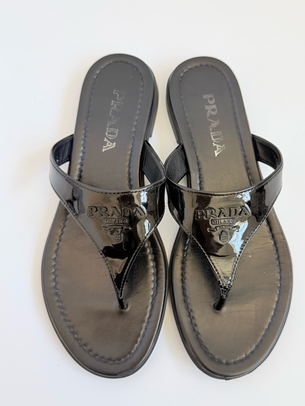 Prada Vernice Patent Leather Logo Thong Sandals Black  Flat Slides EU 38